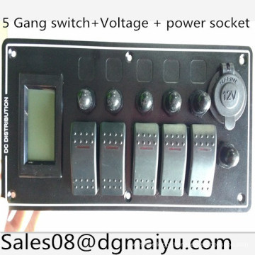 5 Gang LED Rocker Switch Panel + Voltage Monitor + 12V Power Soquete